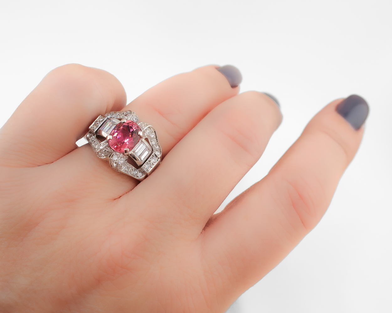 Midcentury Pink Tourmaline & Diamond Ring