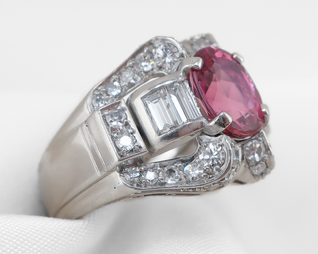 Midcentury Pink Tourmaline & Diamond Ring