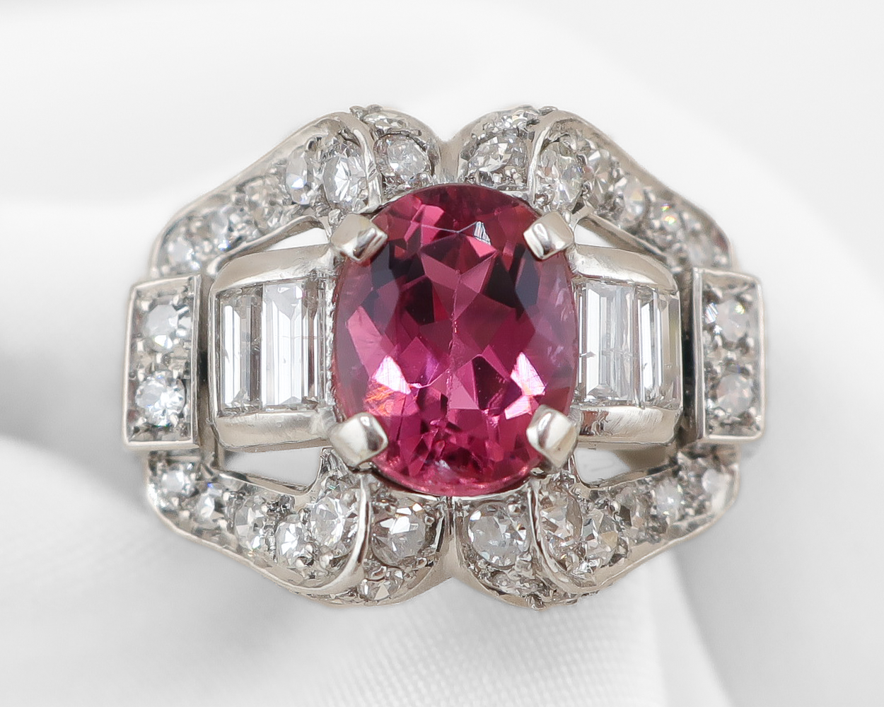 Midcentury Pink Tourmaline & Diamond Ring