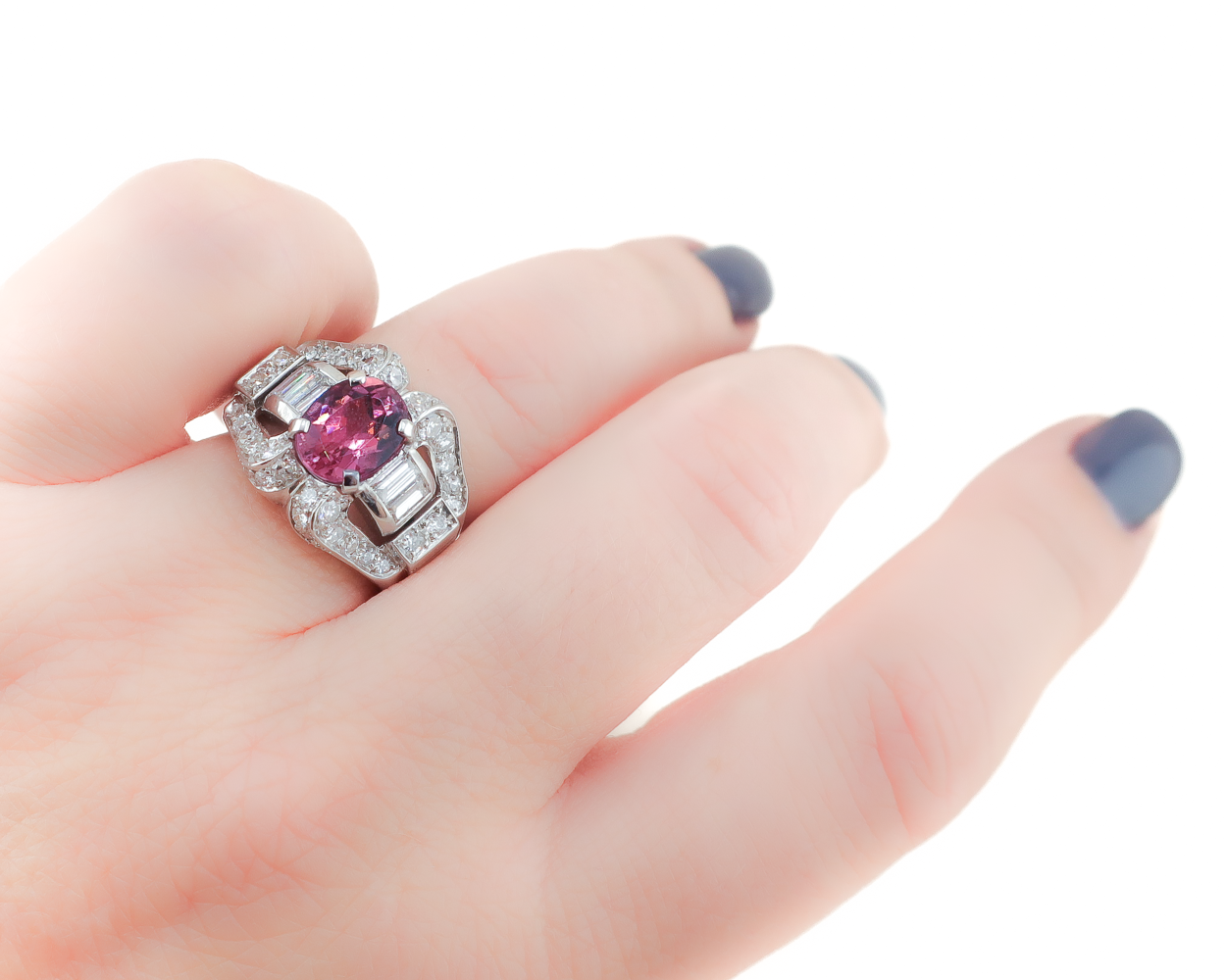 Midcentury Pink Tourmaline & Diamond Ring