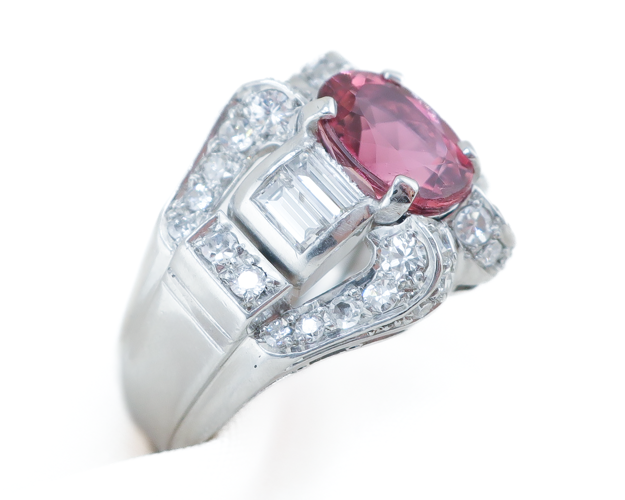 Midcentury Pink Tourmaline & Diamond Ring