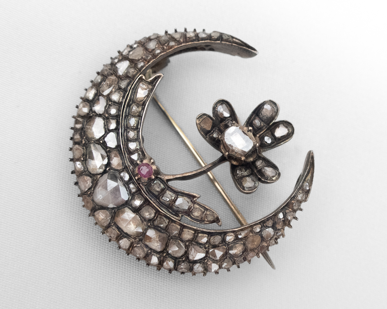 Early-Victorian Rose-Cut Diamond Crescent Pendant/Brooch