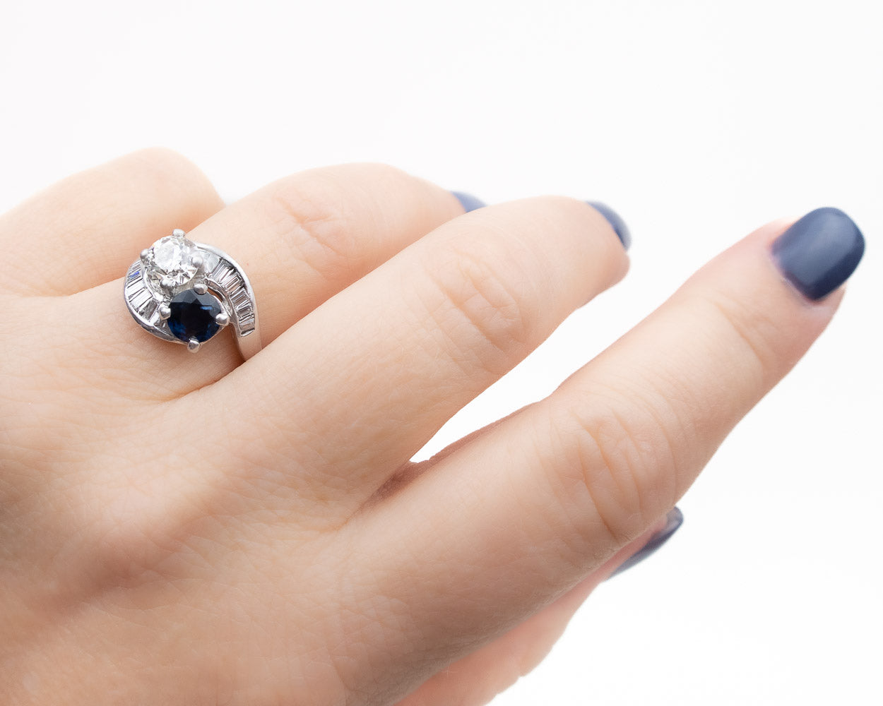 Midcentury Diamond & Sapphire Crossover Ring