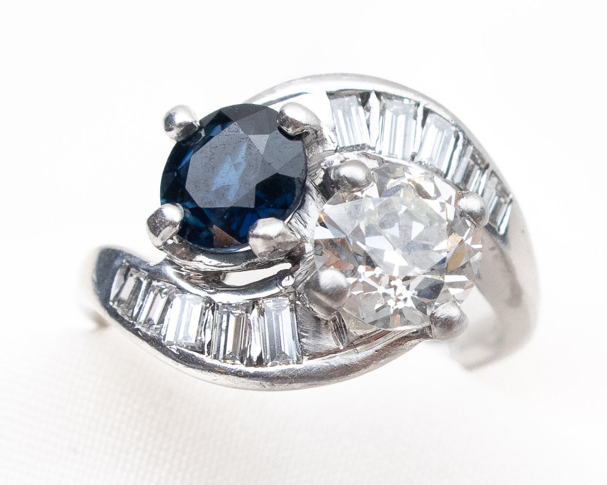 Midcentury Diamond & Sapphire Crossover Ring