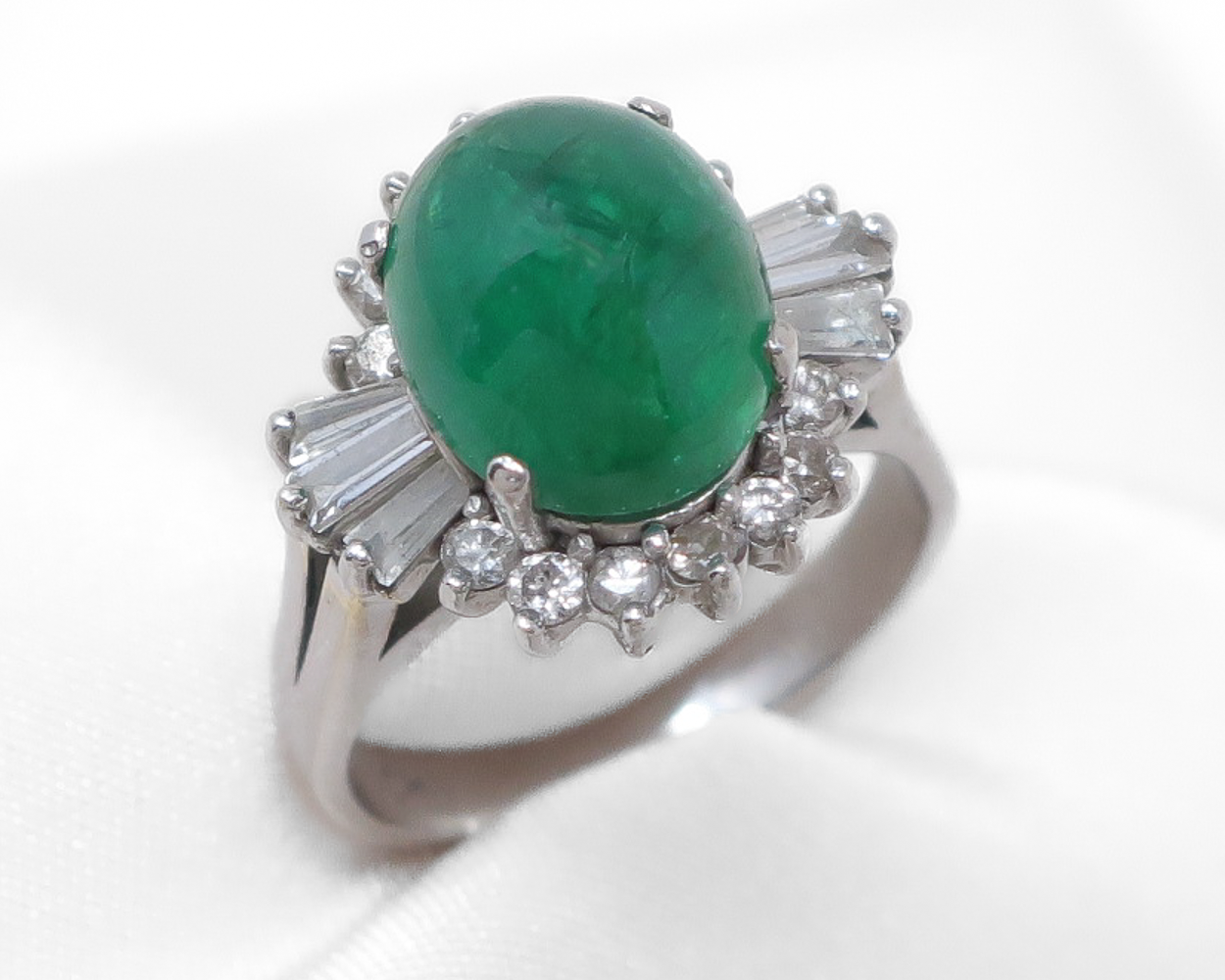 Midcentury Emerald Cabochon Ring with Diamonds