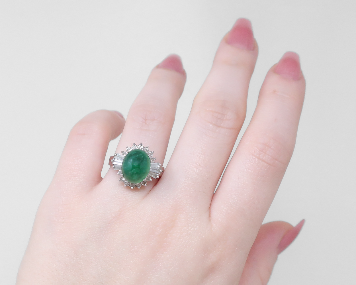 Midcentury Emerald Cabochon Ring with Diamonds