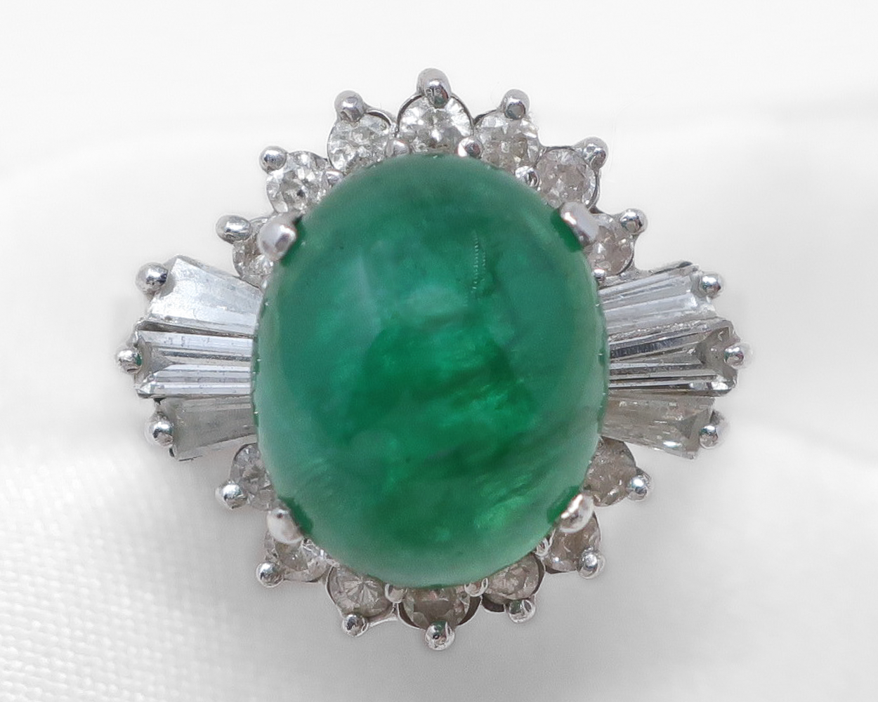 Midcentury Emerald Cabochon Ring with Diamonds