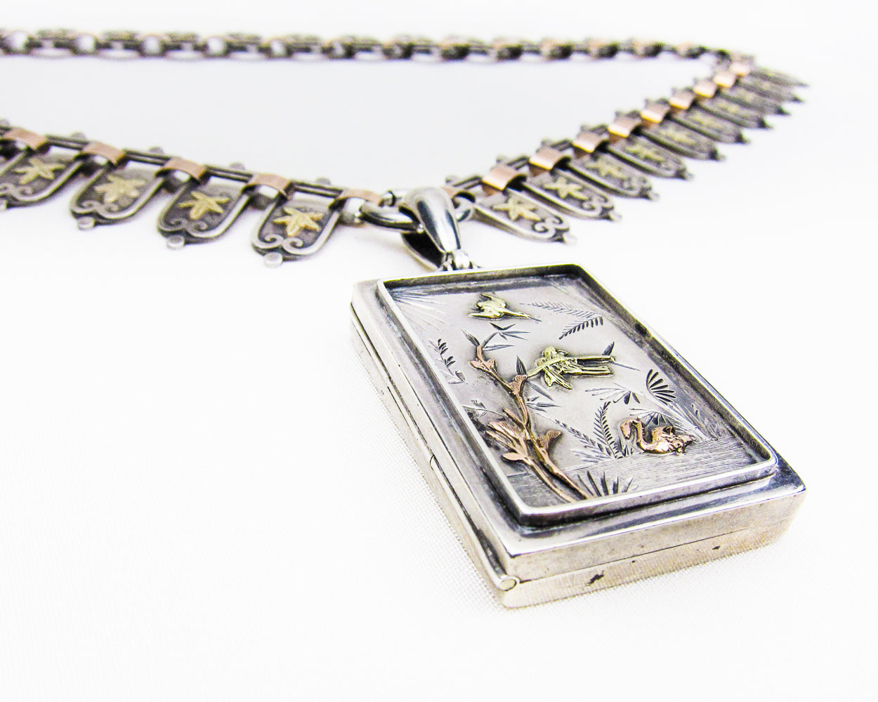 Large Sterling Silver Victorian Locket Pendant Gold Accents