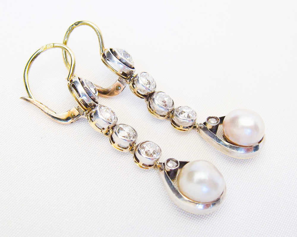 Edwardian French Diamond & Pearl Drop Earrings