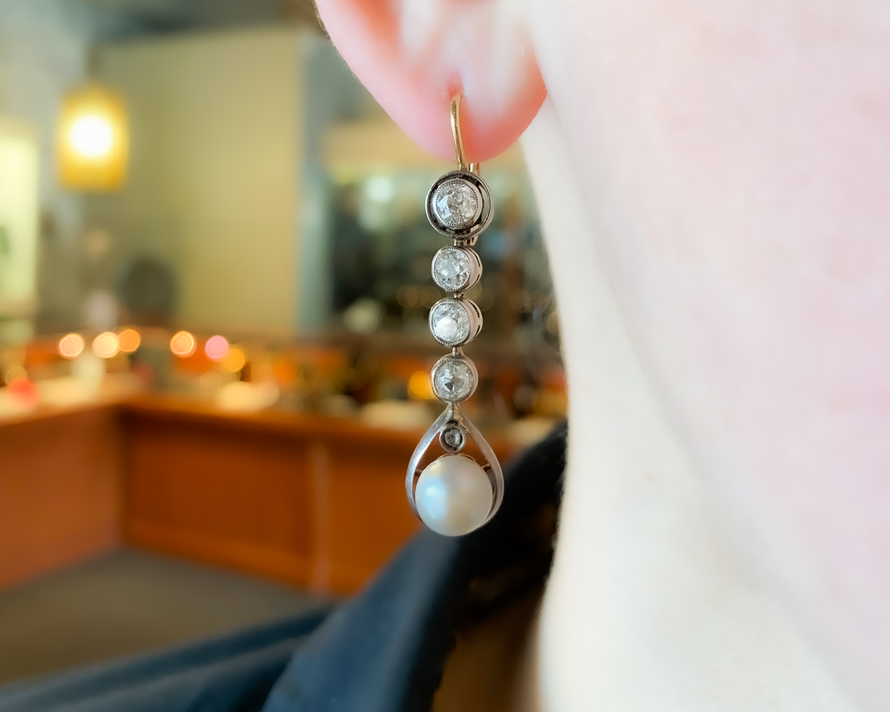 Edwardian French Diamond & Pearl Drop Earrings