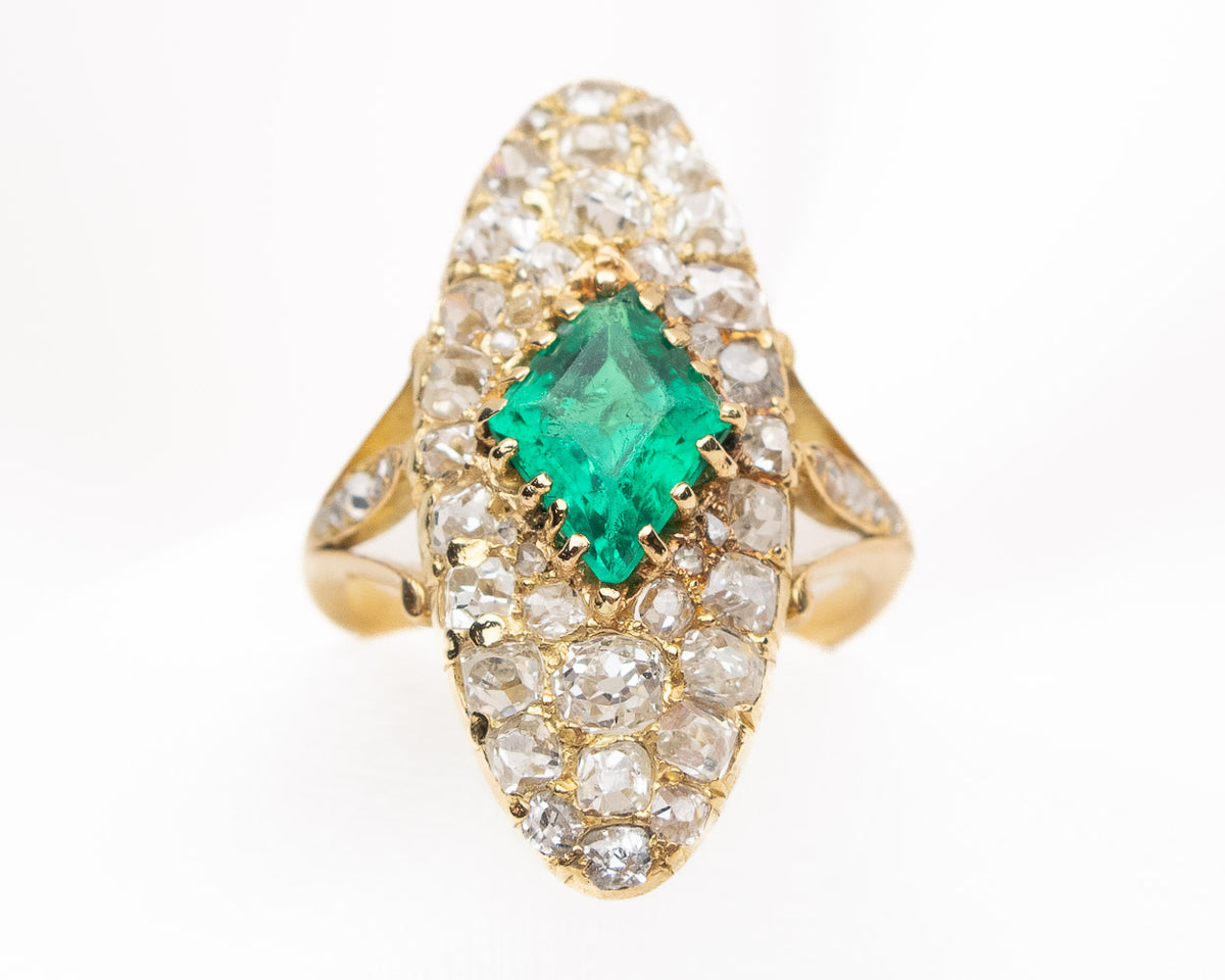 Victorian Emerald & Diamond Navette Ring — Isadoras Antique Jewelry