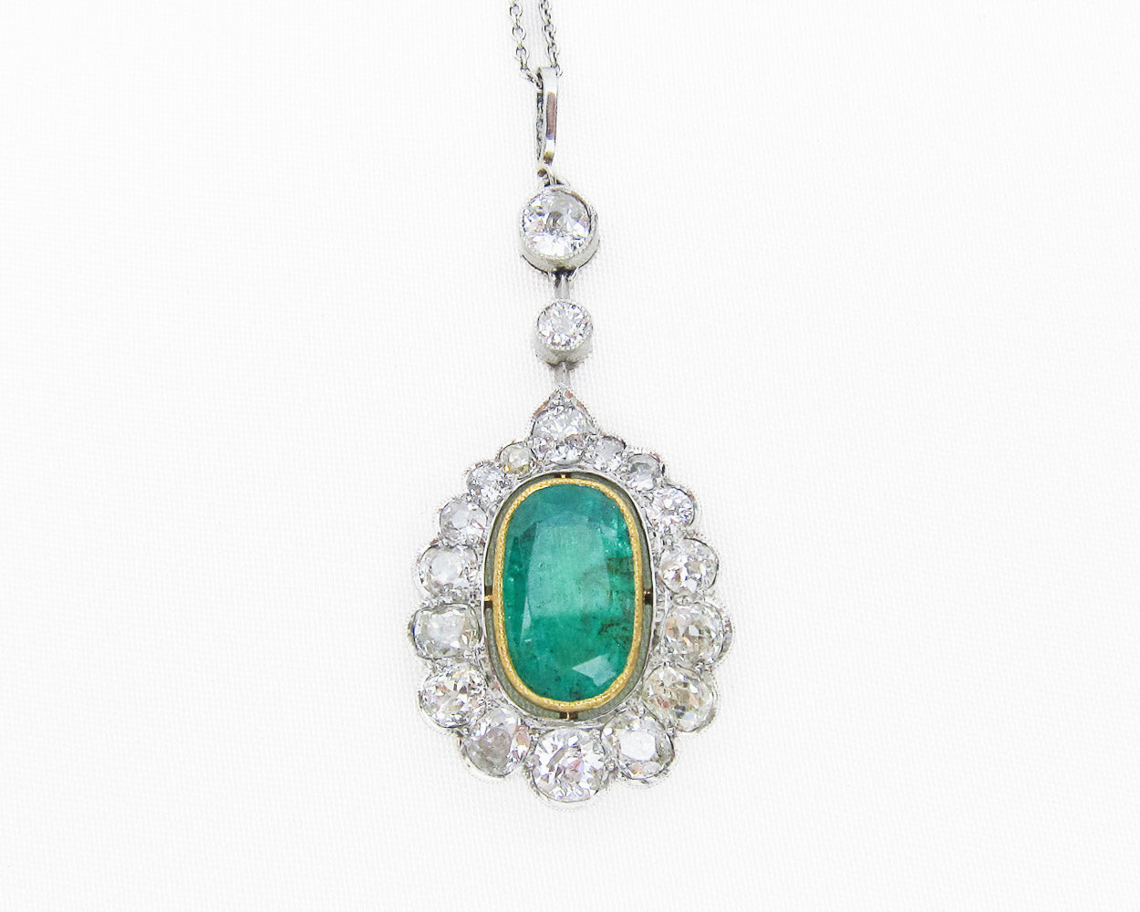Edwardian Emerald & Diamond Halo Necklace