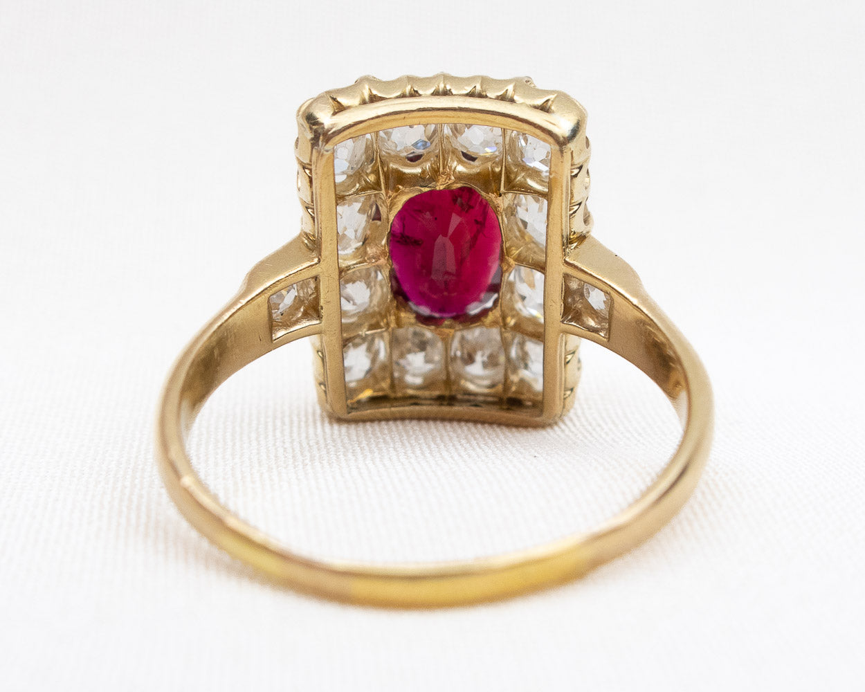 French Imperial Rectangular Ruby & Diamond Halo Ring