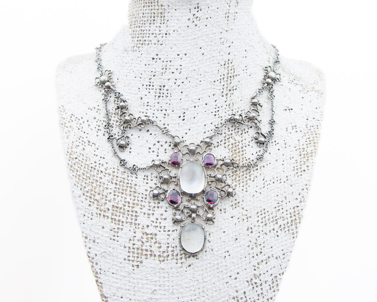 Victorian Silver Moonstone & Garnet Necklace