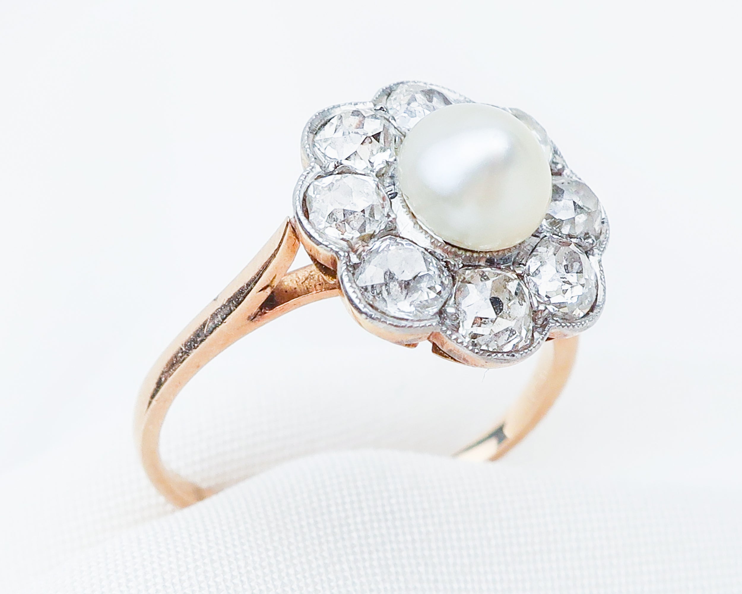Edwardian French Diamond & Pearl Halo Ring
