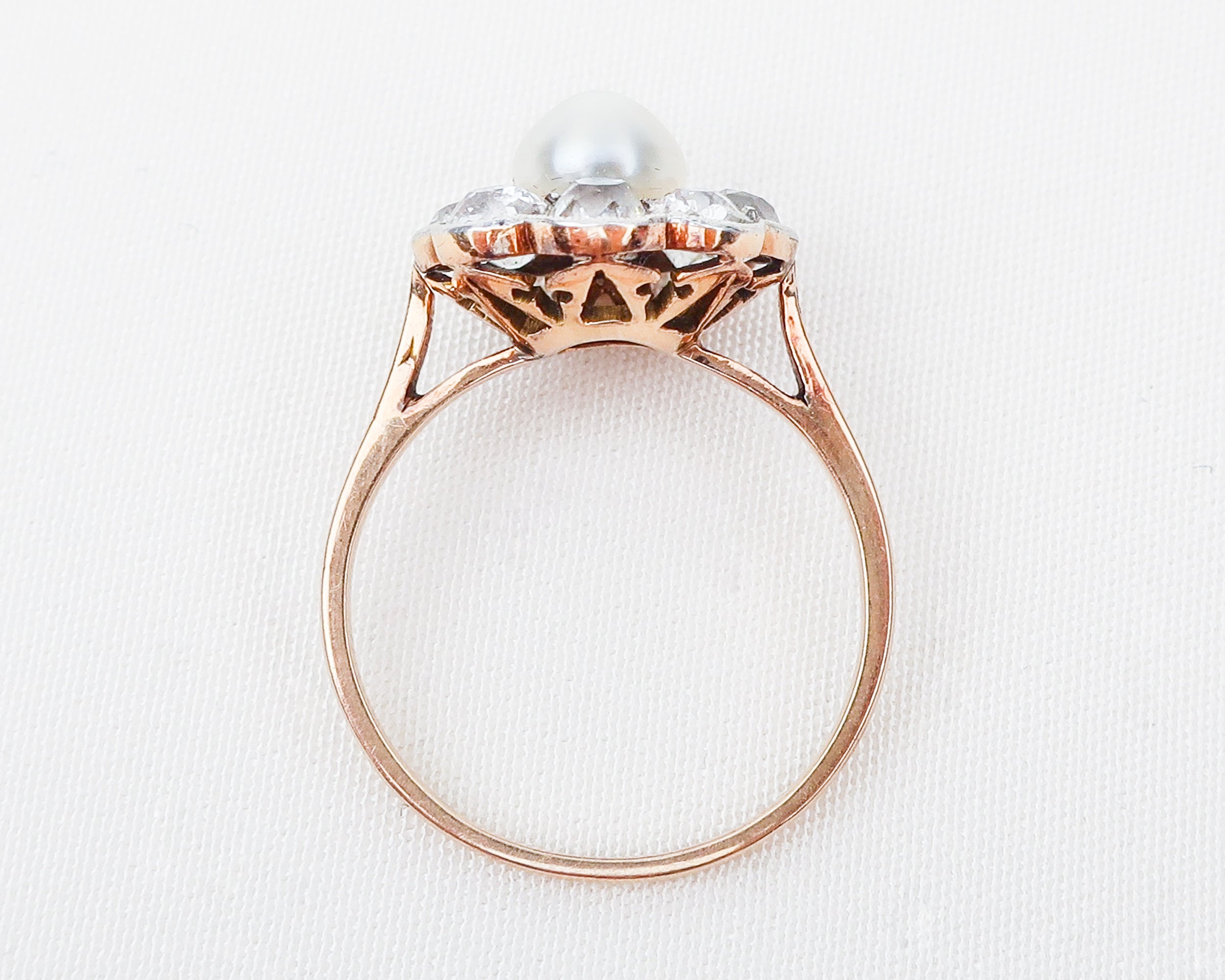 Edwardian French Diamond & Pearl Halo Ring
