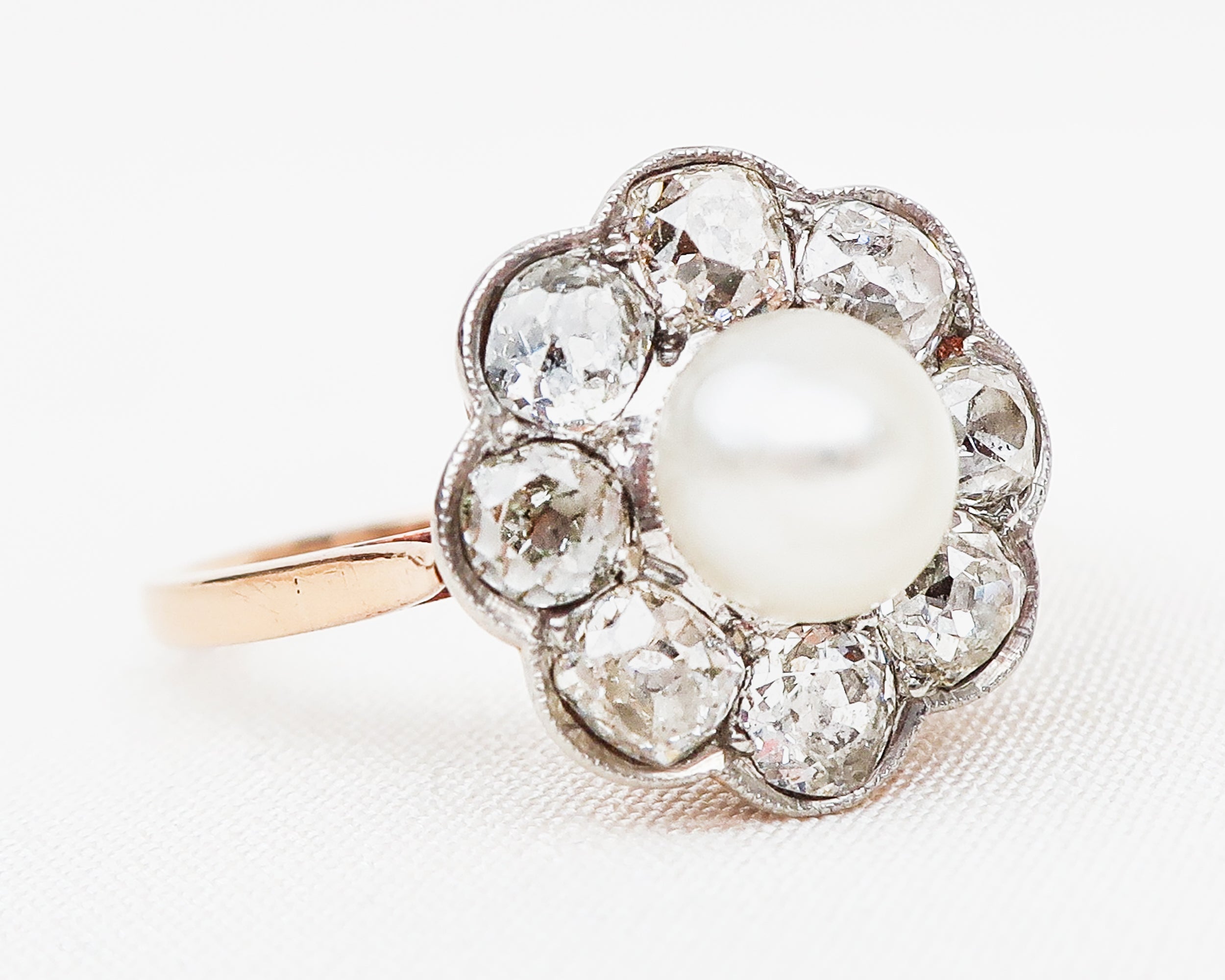 Edwardian French Diamond & Pearl Halo Ring