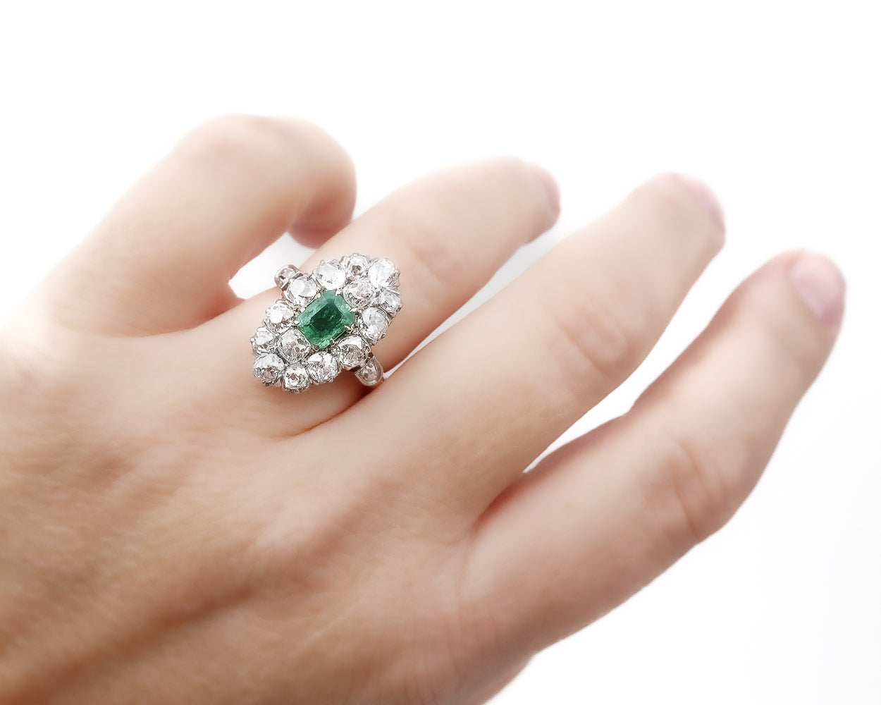Edwardian Diamond & Emerald Navette Ring