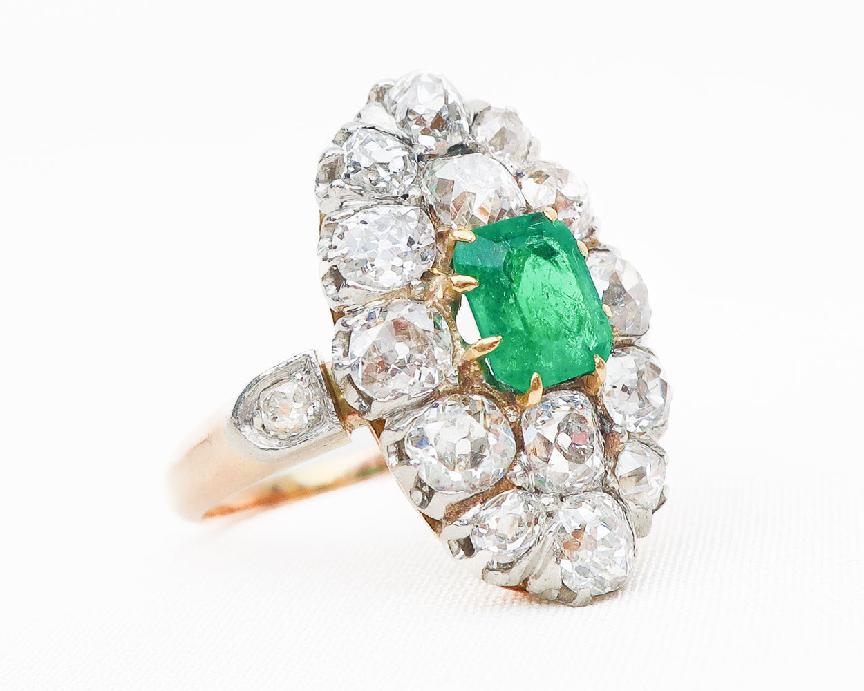 Edwardian Diamond & Emerald Navette Ring