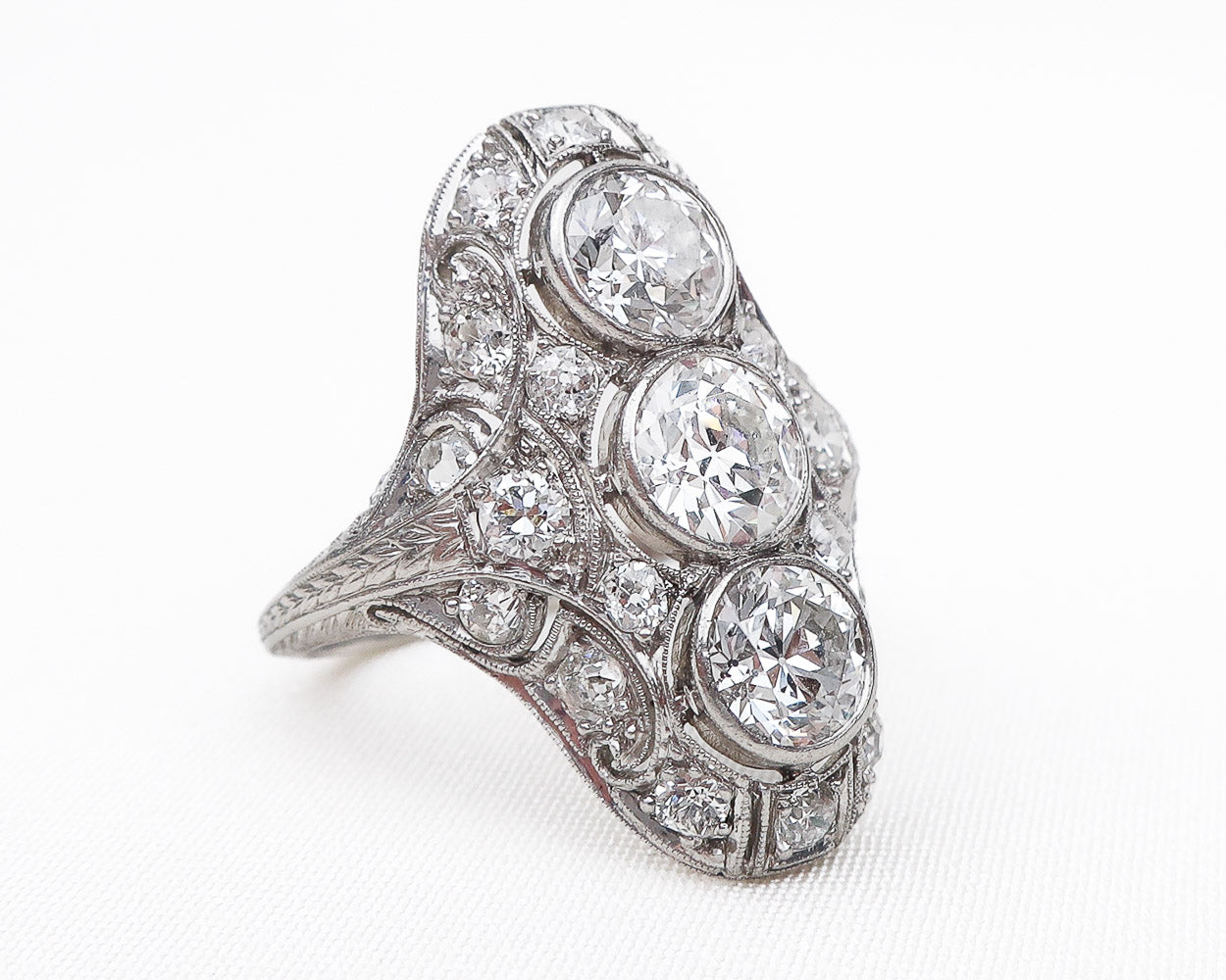 Antique Cocktail Ring Art Deco .47 Old European Cut Diamond & .18 Baguette  Cut Sapphires in 18k White Gold - Filigree Jewelers