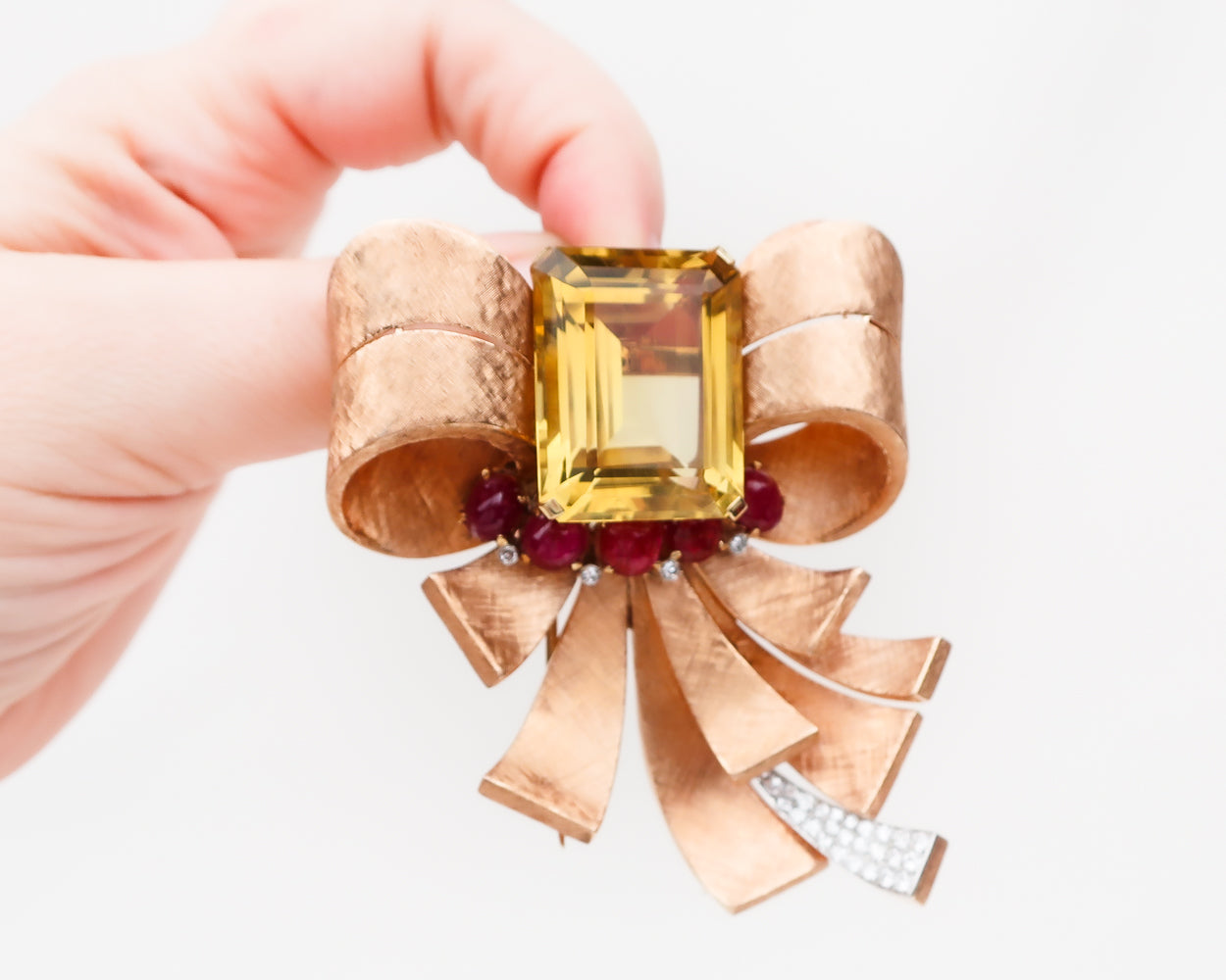 Retro Brushed Gold Bow Brooch with Citrine & Rubies