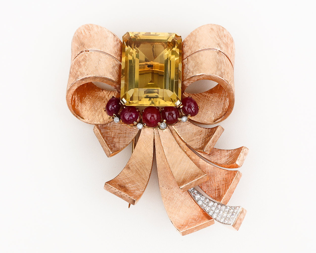 Retro Brushed Gold Bow Brooch with Citrine & Rubies