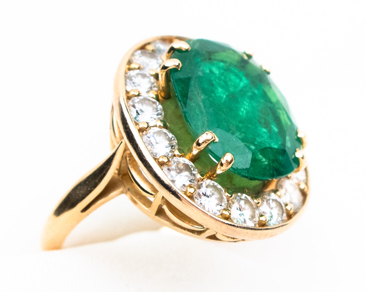 French 1970s Emerald and Diamond Halo Ring