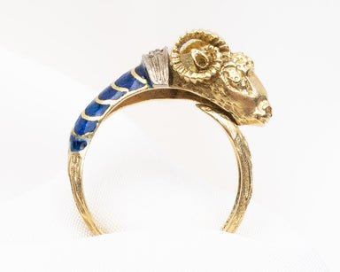 Gold Ram Ring with Enamel & Diamonds