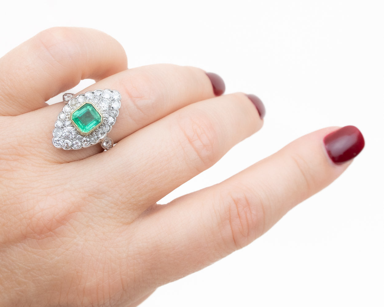 Midcentury Emerald and Diamond Marquis Ring