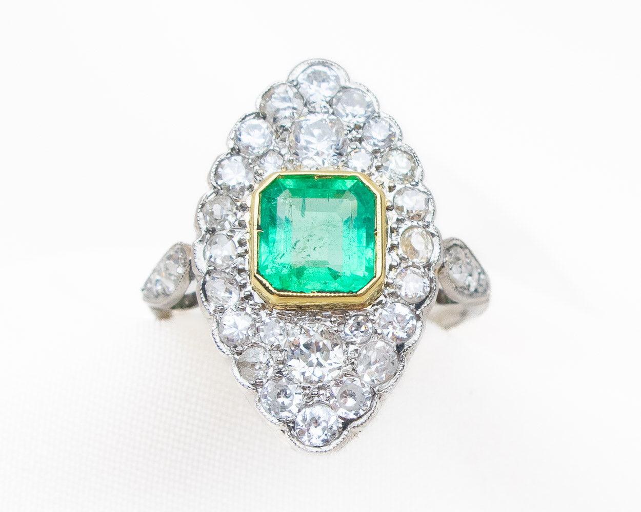Midcentury Emerald and Diamond Marquis Ring