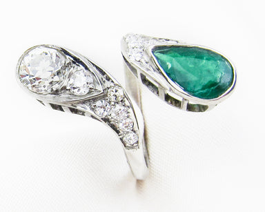 Art Deco Diamond & Emerald Bypass Ring