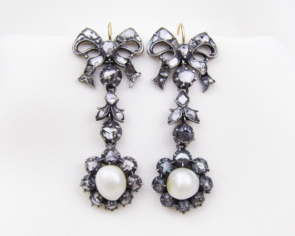Georgian Diamond & Pearl Bow Earrings