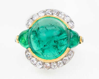Art Deco Emerald Cabochon and Diamond Ring