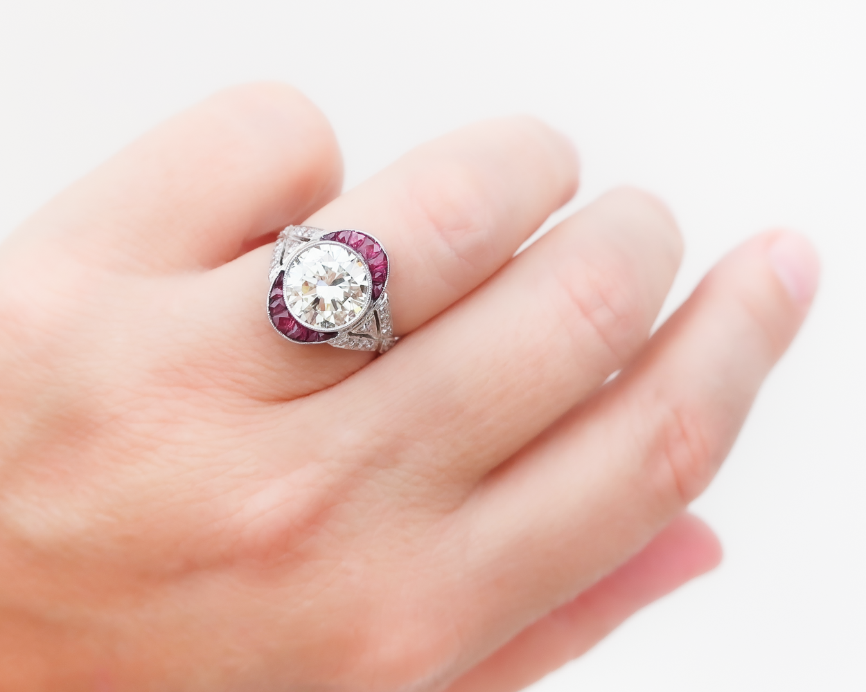 Midcentury Diamond Ring with Ruby Halo