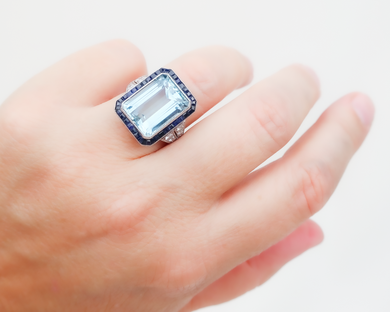Midcentury Aquamarine Cocktail Ring with Sapphire Halo