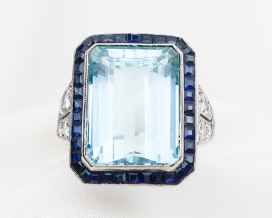 Midcentury Aquamarine Cocktail Ring with Sapphire Halo