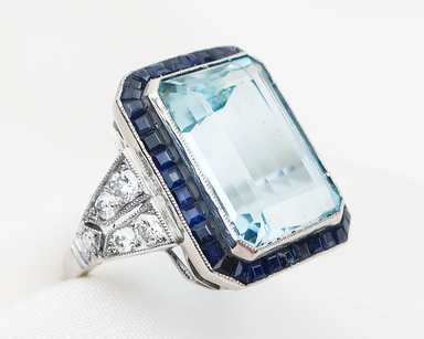 Midcentury Aquamarine Cocktail Ring with Sapphire Halo