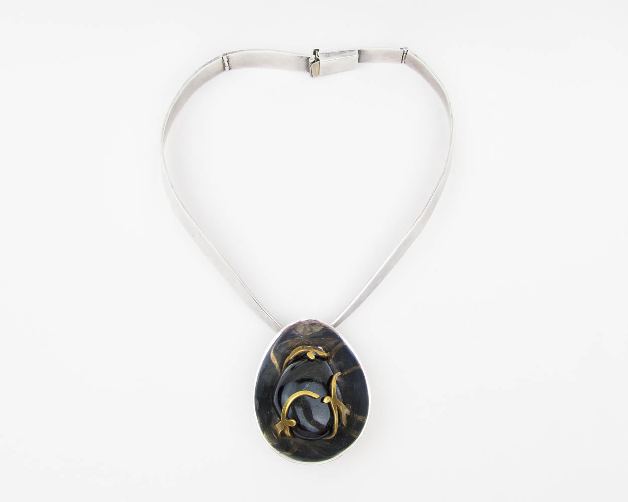 Taxco Mexico Mid-Century Sterling Collar with Obsidian Drop
