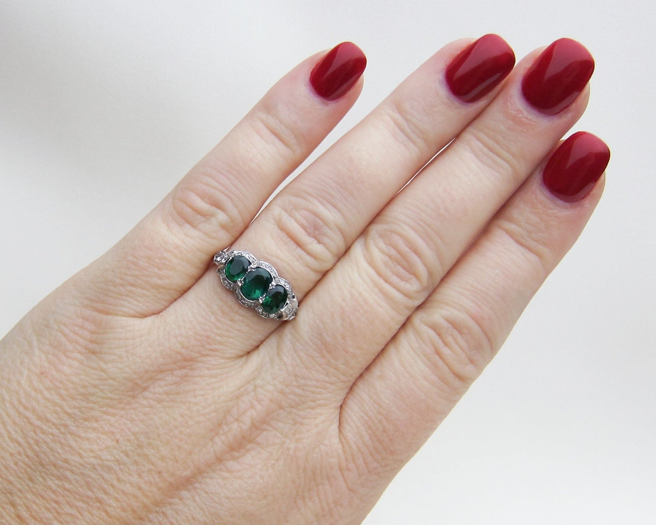 Midcentury Three-Stone Emerald Ring