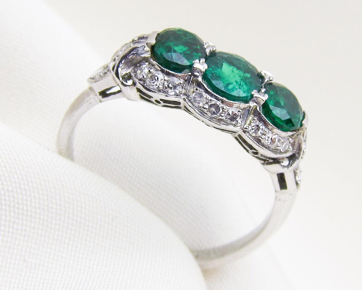 Midcentury Three-Stone Emerald Ring