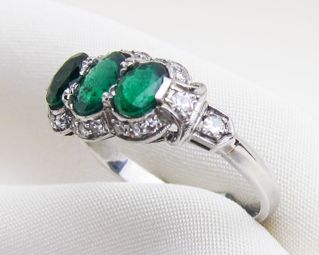 Midcentury Three-Stone Emerald Ring